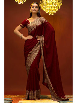 Soch - Women Maroon Georgette Embroidered Saree with Unstitched Blouse