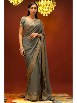 Soch - Women Green Georgette Embroidered Saree with Unstitched Blouse