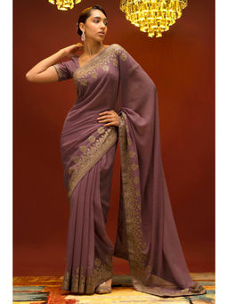 Soch - Women Purple Georgette Embroidered Saree with Unstitched Blouse