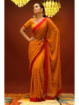 Soch - Women Mustard Georgette Embroidered Saree with Unstitched Blouse