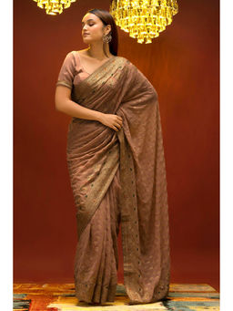 Soch - Women Peach Georgette Embroidered Saree with Unstitched Blouse