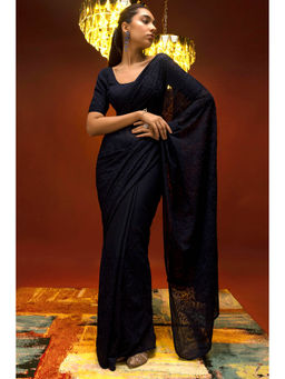 Soch - Women Navy Blue Chiffon Embroidered Saree with Unstitched Blouse