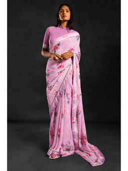 Soch - Women Purple Georgette Floral Saree with Unstitched Blouse