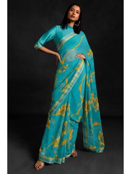Soch - Women Turquoise Georgette Floral Saree with Unstitched Blouse