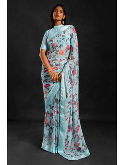 Soch - Women Blue Georgette Floral Saree with Unstitched Blouse