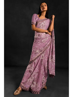 Soch - Women Purple Georgette Floral Saree with Unstitched Blouse