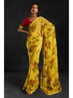 Soch - Women Mustard Georgette Floral Saree with Unstitched Blouse