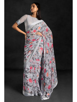 Soch - Women Grey Georgette Floral Saree with Unstitched Blouse
