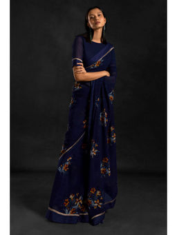 Soch - Women Navy Blue Georgette Floral Saree with Unstitched Blouse