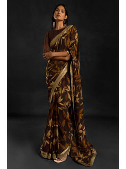 Soch - Women Brown Georgette Printed Saree with Unstitched Blouse
