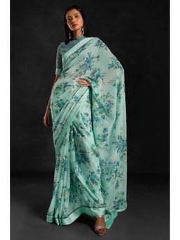 Soch - Women Blue Georgette Floral Saree with Unstitched Blouse