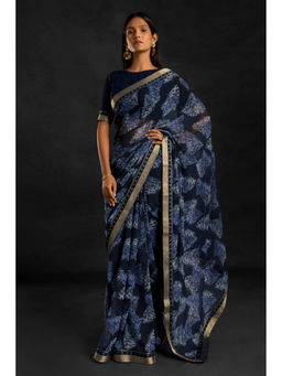 Soch - Women Navy Blue Georgette Printed Saree with Unstitched Blouse