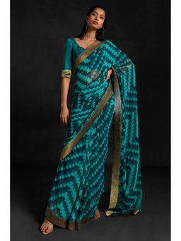 Soch - Women Teal Georgette Printed Saree with Unstitched Blouse