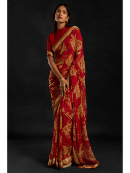 Soch - Women Maroon Georgette Printed Saree with Unstitched Blouse