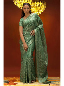 Soch - Women Green Chiffon Embellished Saree with Unstitched Blouse