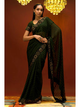 Soch - Women Green Chiffon Stripes Saree with Unstitched Blouse