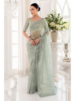 Soch - Women Grey Net Woven Saree with Unstitched Blouse
