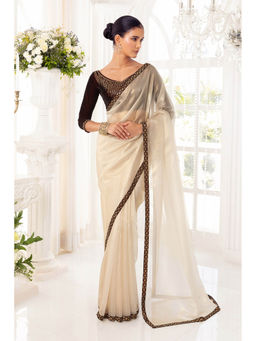 Soch - Women Gold Net Solid/Plain Saree with Unstitched Blouse