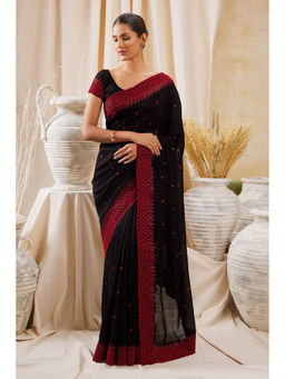 Soch - Women Black Silk Embroidered Saree with Unstitched Blouse