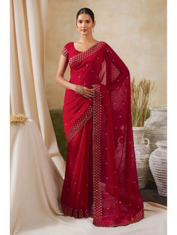 Soch - Women Red Chiffon Embellished/Sequined Saree with Unstitched Blouse
