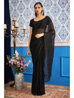 Soch - Women Black Chiffon Embroidered Saree with Unstitched Blouse