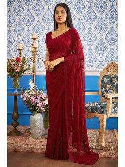 Soch - Women Maroon Chiffon Embroidered Saree with Unstitched Blouse