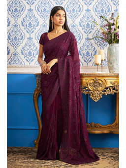 Soch - Women Purple Georgette Embroidered Saree with Unstitched Blouse