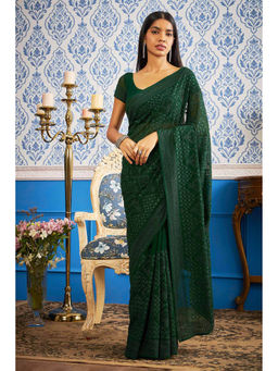Soch - Women Green Chiffon Embroidered Saree with Unstitched Blouse