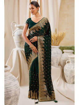 Soch - Women Green Chiffon Woven Saree with Unstitched Blouse