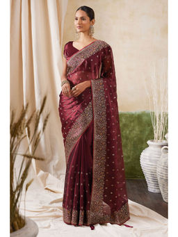 Soch - Women Maroon Chiffon Woven Saree with Unstitched Blouse