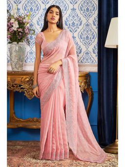 Soch - Women Pink Chiffon Embroidered Saree with Unstitched Blouse