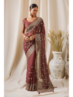 Soch - Women Pink Chiffon Woven Saree with Unstitched Blouse