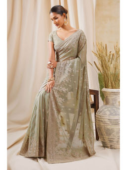 Soch - Women Green Georgette Embroidered Saree with Unstitched Blouse