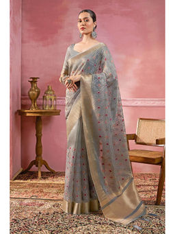 Soch - Women Grey Tissue Printed Saree with Unstitched Blouse