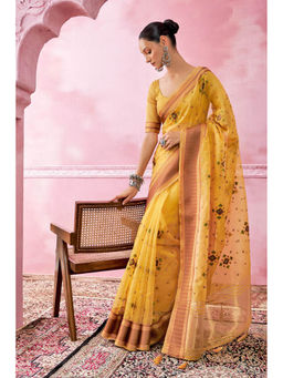 Soch - Women Yellow Tissue Embroidered Saree with Unstitched Blouse