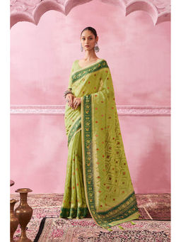 Soch - Women Green Tissue Embroidered Saree with Unstitched Blouse