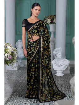 Soch - Women Black Georgette Floral Saree with Unstitched