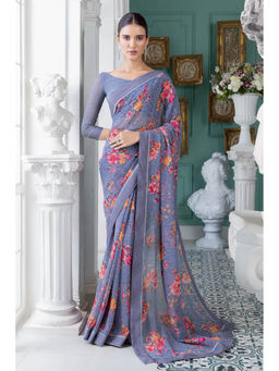 Soch - Women Grey Georgette Floral Saree with Unstitched