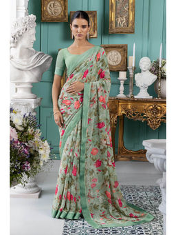 Soch - Women Green Georgette Floral Saree with Unstitched