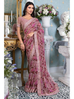 Soch - Women Pink Georgette Floral Saree with Unstitched