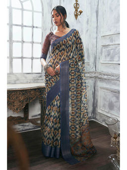 Soch - Women Blue Silk Abstract Saree with Unstitched