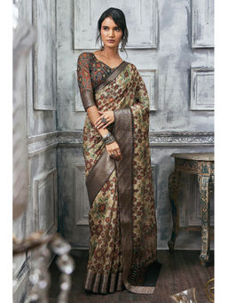 Soch - Women Green Silk Abstract Saree with Unstitched