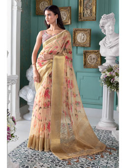 Soch - Women Peach Organza Floral Saree with Unstitched