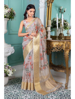 Soch - Women Grey Organza Floral Saree with Unstitched