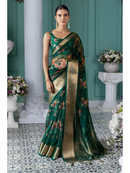 Soch - Women Teal Organza Floral Saree with Unstitched
