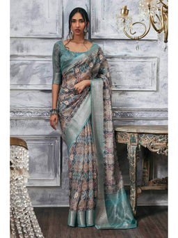 Soch - Women Turquoise Silk Printed Saree with Unstitched