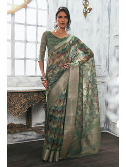 Soch - Women Olive Silk Abstract Saree with Unstitched