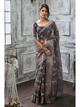 Soch - Women Grey Silk Abstract Saree with Unstitched