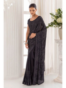 Soch - Women Grey Crepe Embellished Sequined Saree with Unstitched