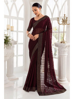 Soch - Women Maroon Chiffon Checks Saree with Unstitched